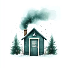 A cozy cabin in snowy surroundings, emitting smoke from its chimney, surrounded by evergreen trees.