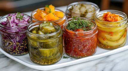 Colorful Assortment of Homemade Pickled Vegetables in Glass Jars