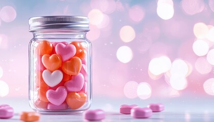 Colorful heart-shaped candies in a jar against a dreamy bokeh background, perfect for celebrations and love.