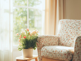 Naklejka premium Sunlit Sanctuary: A floral-patterned armchair sits beside a window bathed in warm sunlight, inviting relaxation and tranquility. The soft, natural light illuminates the floral details.
