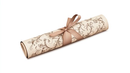 An elegant parchment scroll adorned with intricate floral patterns and tied with a delicate ribbon.