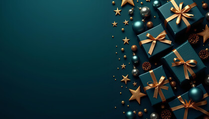 Luxurious stack of blue and gold gift boxes adorned with stars, set on a deep green holiday background.