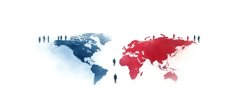 A creative representation of the world divided into blue and red regions with silhouettes of people.