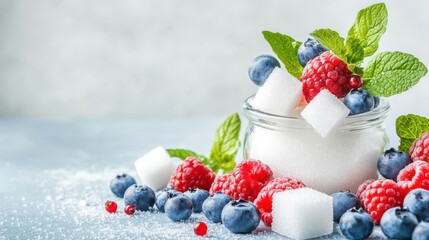 Fresh berries mixed with sugar cubes in a bowl, illustrating the contrast between natural sweetness and added sugar, symbolizing the importance of limiting sugar intake.