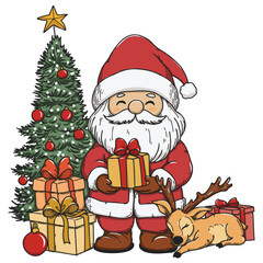 Vector illustration of Santa Claus holding a gift box with reindeer.Cute hand drawn cartoon illustration on white background