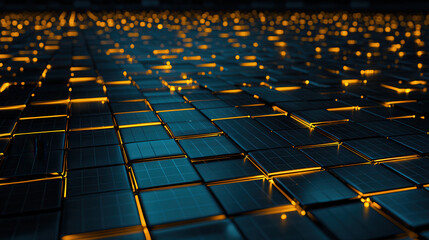 Obraz premium stunning view of solar panel farm illuminated by golden hour light, showcasing rows of solar panels with glowing edges. scene evokes sense of innovation and sustainability