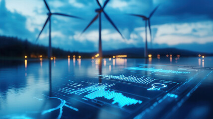 Obraz premium wind farm at dusk with digital data overlay, showcasing renewable energy technology and innovation. soft natural light enhances serene atmosphere
