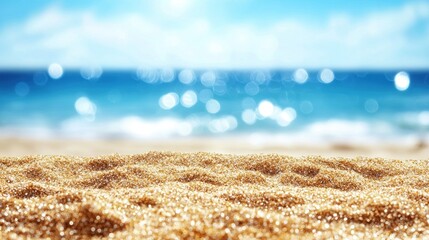 Golden sand beach with water and sunlight in the background.