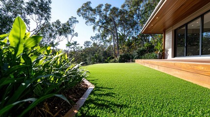 Green lawn with plants beside modern home on sunny day.