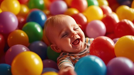 Happy baby playing in colorful ball pit, joyful expression, vibrant colors.
