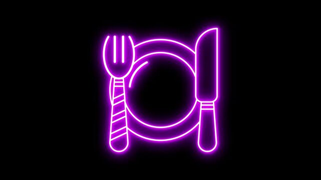 Glowing neon line spoon and knife  icon  isolated on black background. Motion graphic animation in 4k