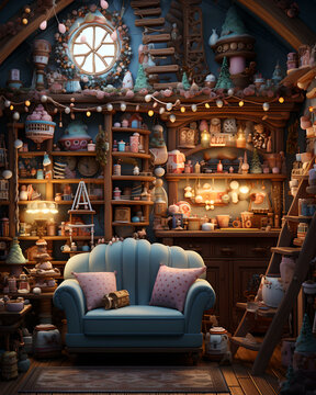 Beautiful magical christmas interior. Lights and candles everywhere on shelfs 