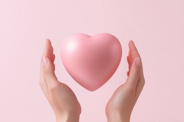 Two hands gently holding a glossy pink heart against a soft pink background, symbolizing love and care.