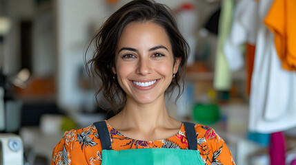 A passionate designer proudly showcases her finished garment in a vibrant workshop setting