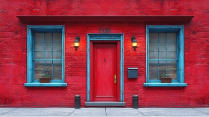Obraz premium Bright red building facade with blue accents and a vibrant door.