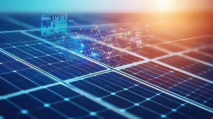 Innovative solar panels with digital data visualization, showcasing renewable energy technology and efficiency. image captures essence of sustainable energy solutions
