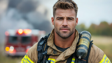Fototapeta premium Brave firefighter kneels with hose amidst smoke and flames ready for action