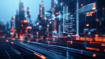 Naklejka premium Futuristic cityscape with digital data visualization and glowing elements, showcasing technology and innovation. scene evokes sense of advanced urban development and connectivity