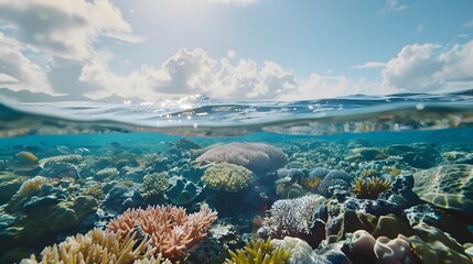 Obraz premium An aerial perspective of a stunning coral reef beneath the water surface, with visible patches of colorful corals and marine life, seen from the calm sea surface.