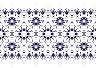 floral blooming ethnic fabric seamless pattern, dark blue and white style, design for cloth, carpet, batik, wallpaper, wrapping etc.