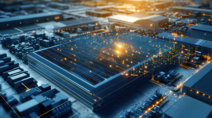 Aerial view of industrial facility with solar panels and glowing lights, showcasing energy efficiency and modern technology