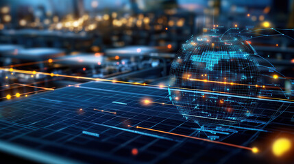 digital globe with glowing connections over grid background, symbolizing technology and global connectivity. scene evokes sense of innovation and progress