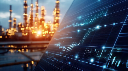 Obraz premium close up view of digital data visualization against industrial backdrop, showcasing energy trends and analytics. glowing lights of facility create dynamic atmosphere