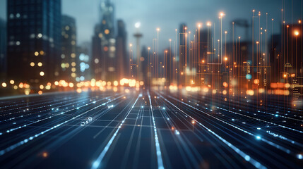 Fototapeta premium Futuristic cityscape with glowing data lines and digital elements, showcasing technology and innovation in urban environment