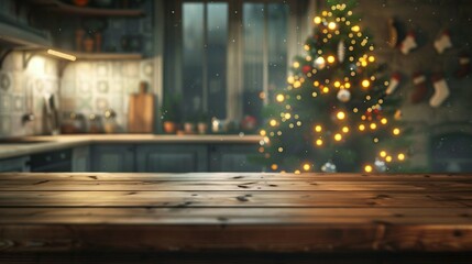 Holiday Cooking Haven: A Festive Kitchen with a Cozy Atmosphere and Wooden Table