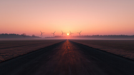 Fototapeta premium serene sunrise over coastal wind farm, with wind turbines silhouetted against colorful sky. road leads towards horizon, creating peaceful atmosphere