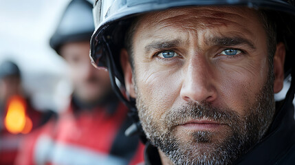 Firefighters display intense expressions amidst challenging situations in closeup portraits