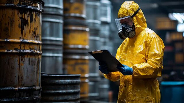 Hazardous Material Inspection Industrial Site Safety Procedure Contaminated Environment Close-Up View Worker in Protective Gear