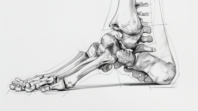 Detailed Anatomy Sketch of Human Ankle Bones with Emphasis on Tarsals, Shaded for Depth and Detail in Textbook Illustration Style