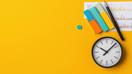A bright yellow workspace featuring a clock, colorful sticky notes, and documents, suggesting productivity and time management.