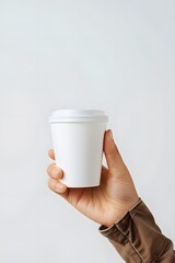 Close-up of hand holding white paper coffee cup isolated on white background
