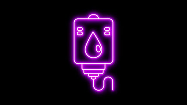 Glowing neon line of IV Bag icon  isolated on black background. Motion graphic animation in 4k