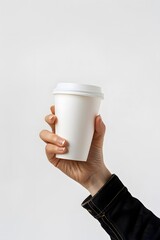 Close-up of hand holding white paper coffee cup isolated on white background