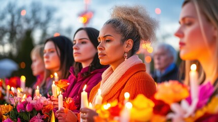 National Day of Remembrance and Action on Violence Against Women, a solemn candlelight vigil at dusk, people holding candles in silence,