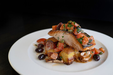 Dish of Grilled Salmon with Mediterranean Vegetables 