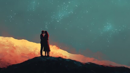 Fototapeta premium couple stands on a hilltop, wrapped in each other's arms, with a vast landscape stretching behind them under a starlit sky