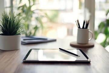 A clean, modern tablet with a stylus, showing a digital illustration in progress, resting on a designer's desk
