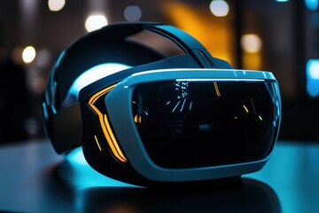 Fototapeta premium A futuristic VR headset with glowing accents, placed on a sleek black surface, ready for a virtual reality adventure