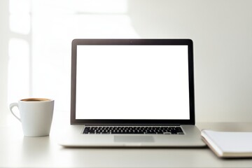 A high-resolution laptop with an open coding editor, sitting on a minimalist desk beside a cup of coffee and a notebook, perfect for a developer's workspace