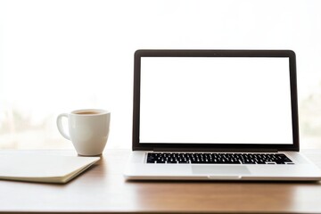 A high-resolution laptop with an open coding editor, sitting on a minimalist desk beside a cup of coffee and a notebook, perfect for a developer's workspace