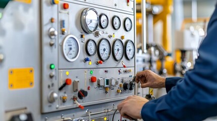 Monitoring System Performance at Industrial Facility with Engineers Adjusting Control Panel Gauges and Dials in Bright Environment