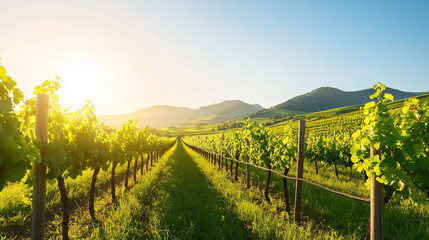 Naklejka premium Lush Vineyard Rows in Sunlit Valley Landscape 