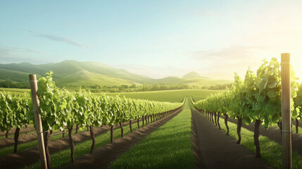 Naklejka premium Lush Vineyard Rows in Sunlit Valley Landscape 