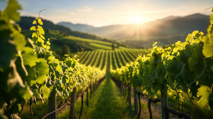 Fototapeta premium Lush Vineyard Rows in Sunlit Valley Landscape 