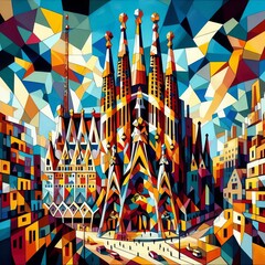 Cubist Barcelona A bold cubist painting of Barcelona's iconic Sa