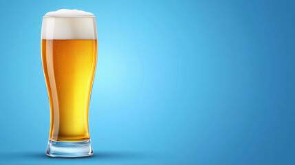 refreshing glass of foamy beer stands against vibrant blue background, showcasing its golden color and inviting texture. Perfect for any celebration or gathering